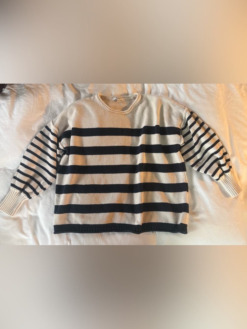 Madewell Blue & Cream Striped 100% Cotton Boxy Rolled Neck & Hem  Sweater